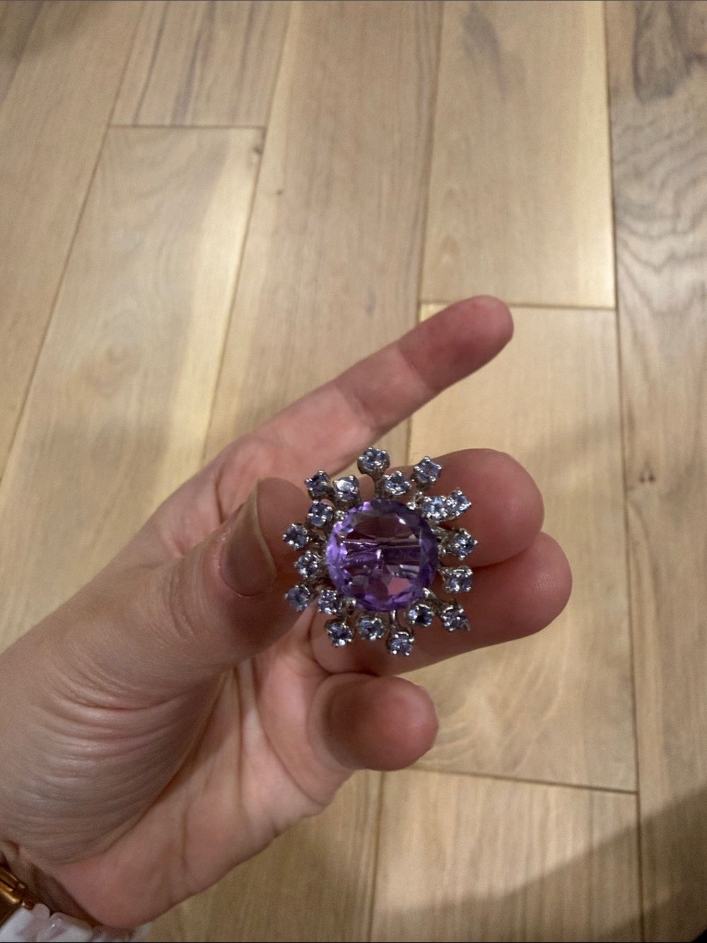 Purple Crystal Cocktail Ring - Elegant Floral Halo Design